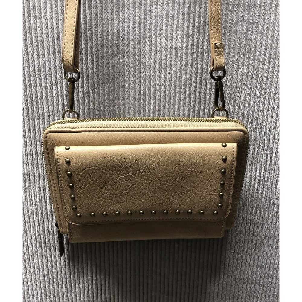 Wallet Purse Removable Cross Body Strap Tan Studded Accent Card Slots